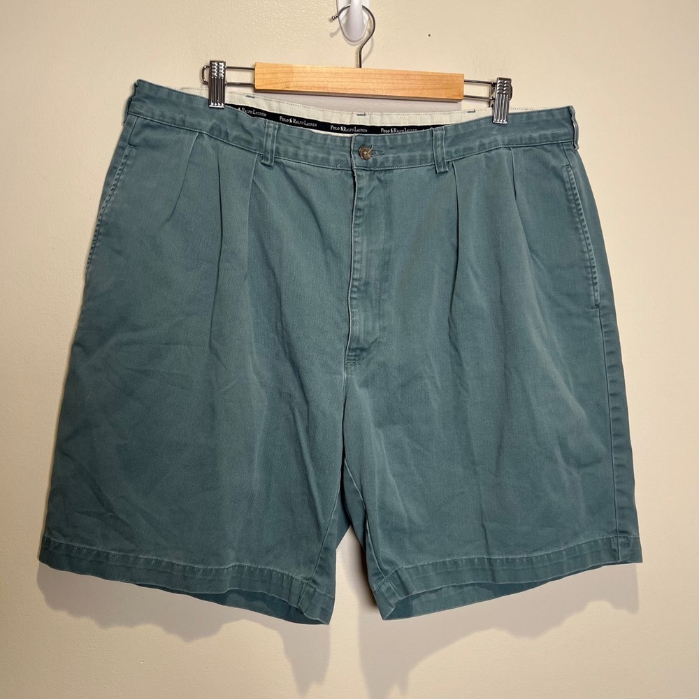 VTG Polo Ralph Lauren Chino Shorts Mens 38* Teal Relaxed Pleated Cotton Casual